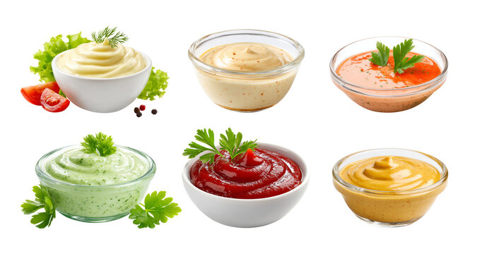 Set of various flavor salad dressing in bowl and sauce isolated on transparent background.