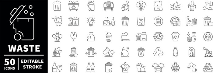 Waste management icons set. linear, editable line icons for recycling and eco solutions