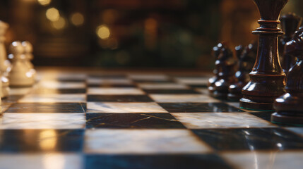Close-up view of a chessboard mid-game, pieces arranged in a complex strategic pattern, representing focus, planning, and the competitive pursuit of victory