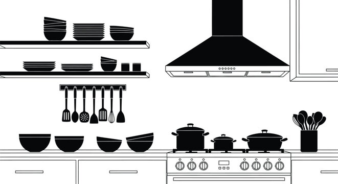 Minimalist detailed graphic of a home kitchen area featuring stove, hood, dishes, cookware, and hanging utensils. isolated on white background, Vector, illustration