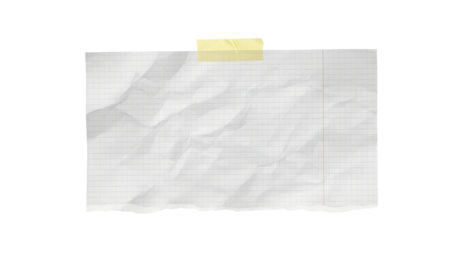 Wrinkled graph paper attached with yellow tape, isolated on a white background, representing a creative or note-taking element