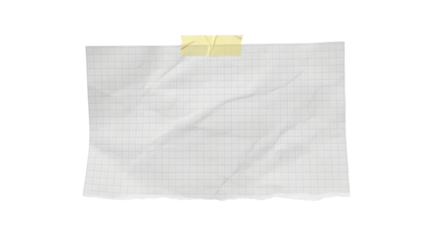 Close-up of a crumpled piece of gridded paper with torn edges, attached with yellow tape