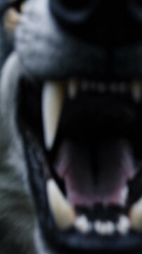 lobo gris realista emerge r&aacute;pidamente de un bosque oscuro y denso, mirando fijamente a la c&aacute;mara. El lobo se detiene brevemente, da un gru&ntilde;ido bajo, con la boca bien abierta.