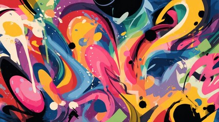 Dynamic graffiti artwork bursts with vibrant colors and bold shapes. Expressive brushstrokes create lively urban energy with dark backdrop. Neural network AI generated