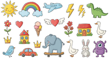 Whimsical hand-drawn cartoon doodle set for children's designs, featuring playful animals, objects, and nature elements. Ideal for creative and educational projects