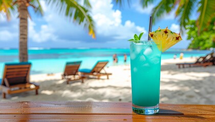 A vibrant blue tropical cocktail rests on a sunlit beachside table, with the ocean and palm-shaded loungers in the background