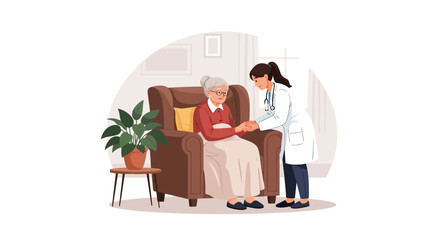 A compassionate nurse providing comfort and care to an elderly woman seated in an armchair, illustrating healthcare support and home assistance