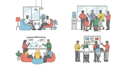 A collection of modern flat line illustrations showing diverse teams collaborating in various office work environments