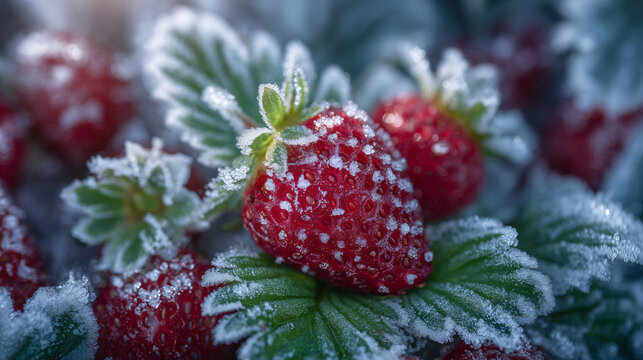 Macro shot of freshly frozen strawberries, frosty crystals clinging to the vibrant red surface, vivid green leaves providing a lush contrasting accent
