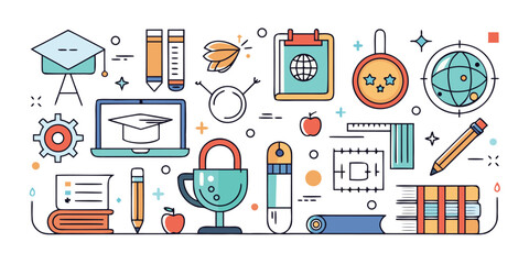 Assortment of school and educational supplies like a graduation cap, books, and globe, concept of learning and education