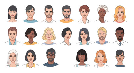 Vector illustration set of diverse people avatars, featuring a multicultural community of men and women with various hairstyles and faces