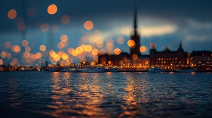 Blurred cityscape reveals colorful bokeh lights reflecting on wet pavements beside waterway. Vibrant tones highlight nighttime ambience from elevated perspective. Neural network AI generated