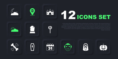 Set Funny and scary ghost mask, Pumpkin, Tombstone with RIP written, Vampire, Moon stars, Coffin christian cross, Skull and Halloween date 31 october icon. Vector