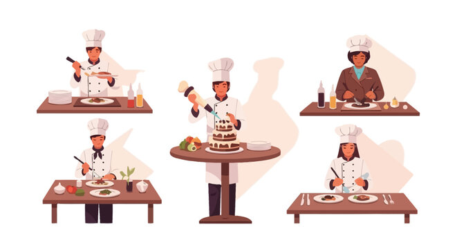 Culinary artists skillfully decorating sweet desserts and savory dishes, showcasing food artistry