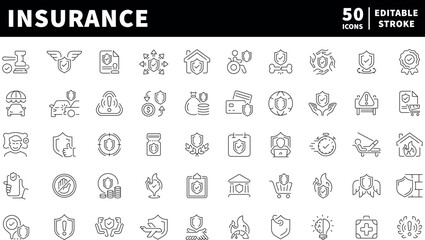 Insurance icons set. editable line icons, linear, protection, coverage symbols
