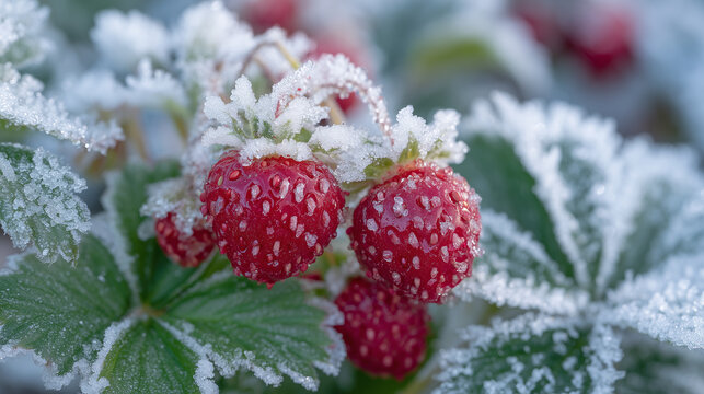 Frozen red strawberries with detailed ice crystals along the surface, luminous frost contrasting vividly with the lush green leaves surrounding them - Powered by Adobe