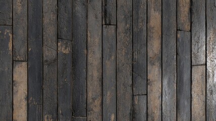 Fototapeta premium Aged wooden planks displaying rugged texture and darkened patches, creating rustic charm. Weathered surface suggests historical wear, adding character. Viewed from front. Neural network AI generated