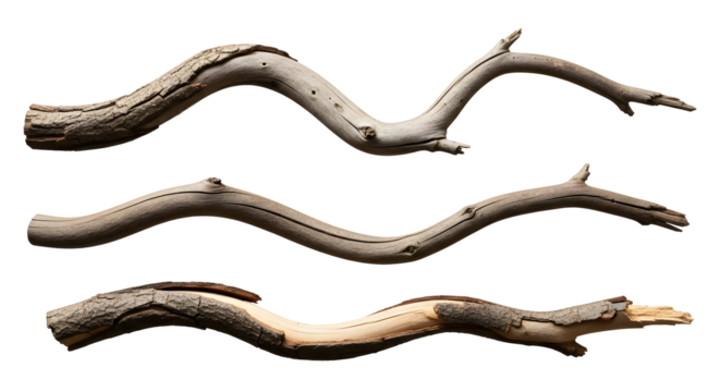 Three curved weathered wooden branches on a white background, isolated natural elements
