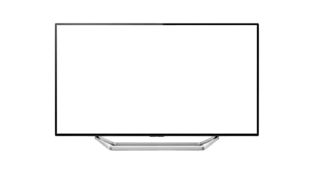 Modern flat-screen television with a sleek stand, displaying a blank white screen on a clean white background