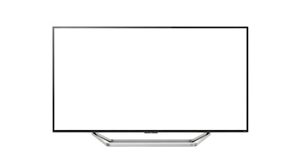 Modern flat-screen television with a sleek design and a thin bezel on a white background