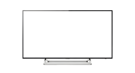Flat screen television on a stand with a blank white display, perfect for mockups and digital presentations