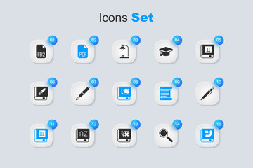 Set Magnifying glass, Fountain pen nib, PDF file document, Book, Phone book, Pen, FB2 File and about geometry icon. Vector