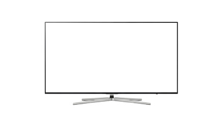 A modern flat-screen television with a sleek stand, displaying a blank white screen, perfect for digital signage or displaying custom content