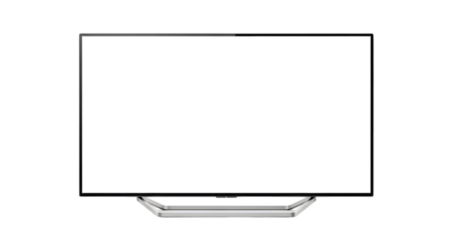 Modern flat-screen television with a sleek stand, displaying a blank white screen on a clean white background