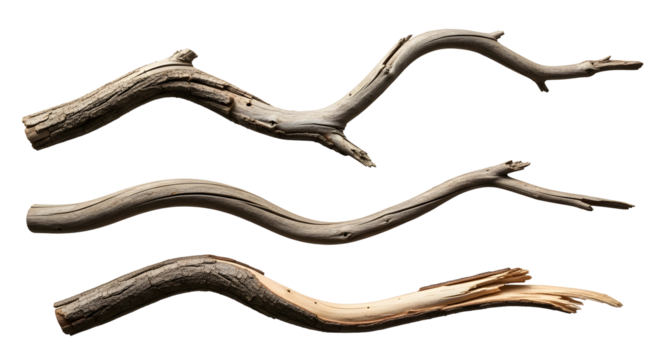 Natural Twisted Wooden Branches Isolated on a White Background