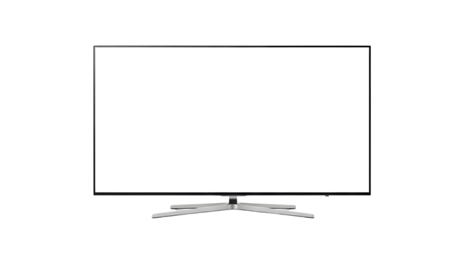 A modern flat-screen television with a sleek stand, displaying a blank white screen, perfect for digital signage or displaying custom content