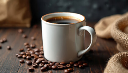 Close up photo of a white coffee mug with dark hot coffee. Roasted coffee beans around the cup on wooden table. Aroma steam rises from beverage.