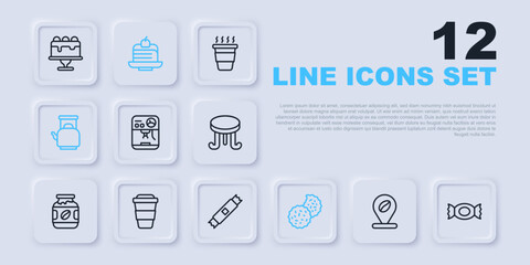 Set line Location with coffee bean, Candy, Coffee machine, Cookie or biscuit, Kettle handle, cup to go, Piece cake and Sugar stick packets icon. Vector