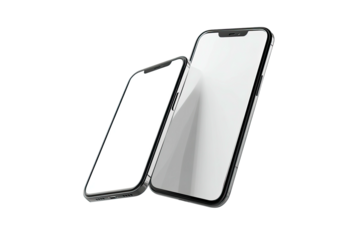 Two smartphones with blank screens angled towards the viewer on a dark, isolated backdrop