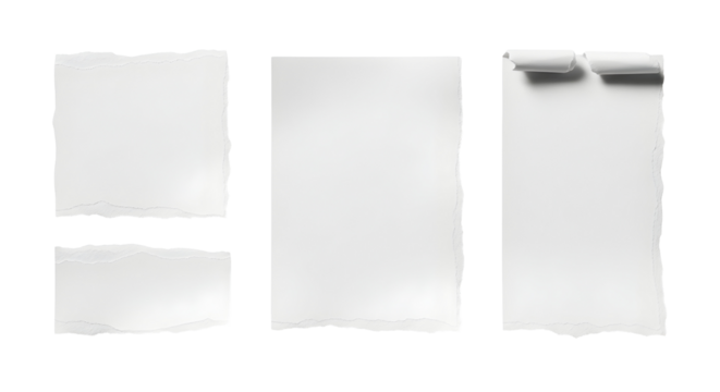 Collection of four torn paper pieces with white background, isolated, for graphic design