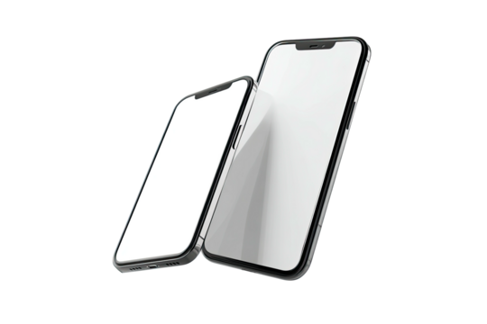 Two smartphones with blank screens angled towards the viewer on a dark, isolated backdrop