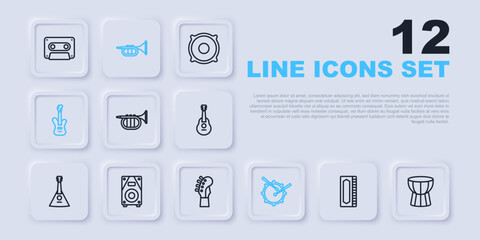 Set line Harmonica, African darbuka drum, Trumpet, Drum with sticks, Electric bass guitar, Stereo speaker, and Guitar neck icon. Vector