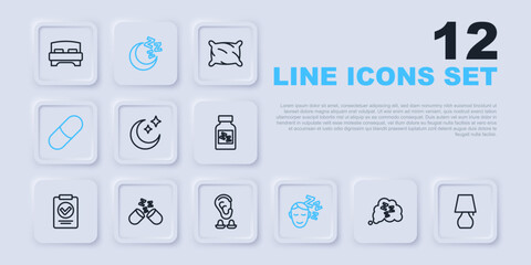 Set line Sleepy, Table lamp, Moon and stars, Dreams, Sleeping pill, and Earplugs ear icon. Vector