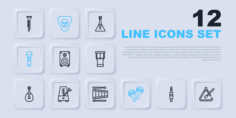 Set line Audio jack, Triangle musical instrument, Stereo speaker, Maracas, Microphone, Metronome with pendulum, Guitar pick and Xylophone icon. Vector
