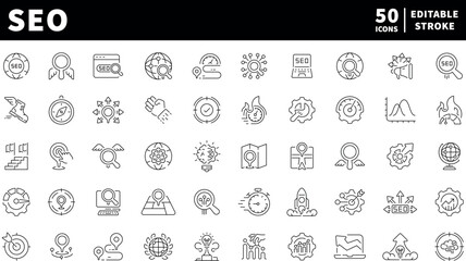 Seo tools icons set. editable line icons, flat style, digital marketing symbols