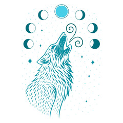 Heulender Wolf mit Mondphasen  Mystisches Vektor Motiv im modernen Tribal Stil in mint.