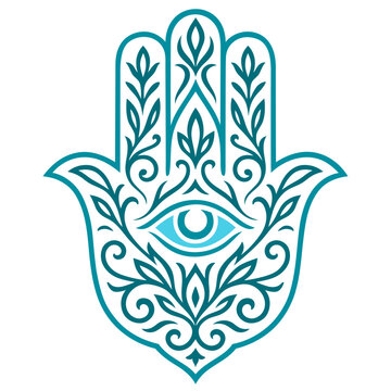 Hamsa Hand mit Auge - Mystisches Ornament als Vektor im modernen Tribal Stil in mint.