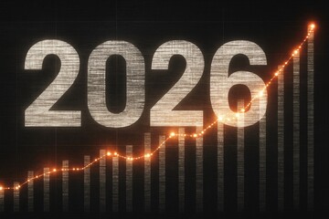 2026 financial growth forecast with a rising bar chart and a glowing line graph. A concept for business success, market prediction, and investment strategy.