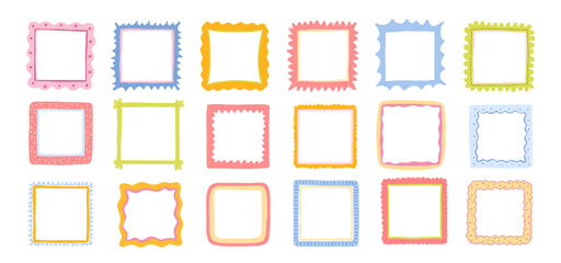Cute square frames with scallop edges. Squiggle photo borders with zig zag edge. Wiggly groovy shapes, funky geometric text box frameworks. Vector set