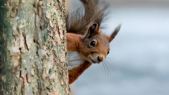 Curious red squirrel peeking behind a tree trunk