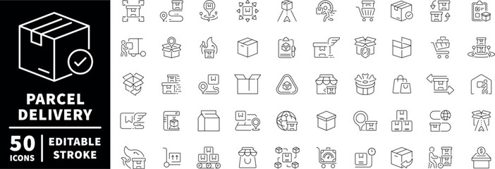 Parcel delivery icons set. editable line icons, linear, shipping and logistics symbols