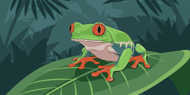 Cute green tree frog closeup on a tropical leaf, a small amphibian in nature