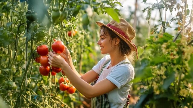 Happy female farmer harvesting fresh ripe tomatoes