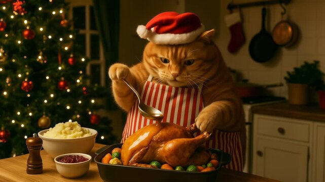 Festive cat chef basting roasted turkey for holiday dinner. Christmas kitchen preparations with decorated tree. Panning camera movement.