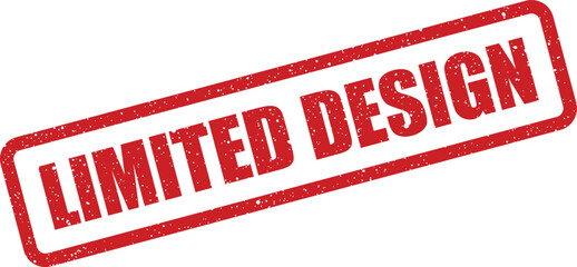 Red rubber stamp with textured grunge effect showcasing LIMITED DESIGN text in a bold font, presented diagonally for product branding