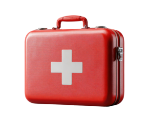 A vivid red first aid kit with a prominent white cross, ready for emergencies